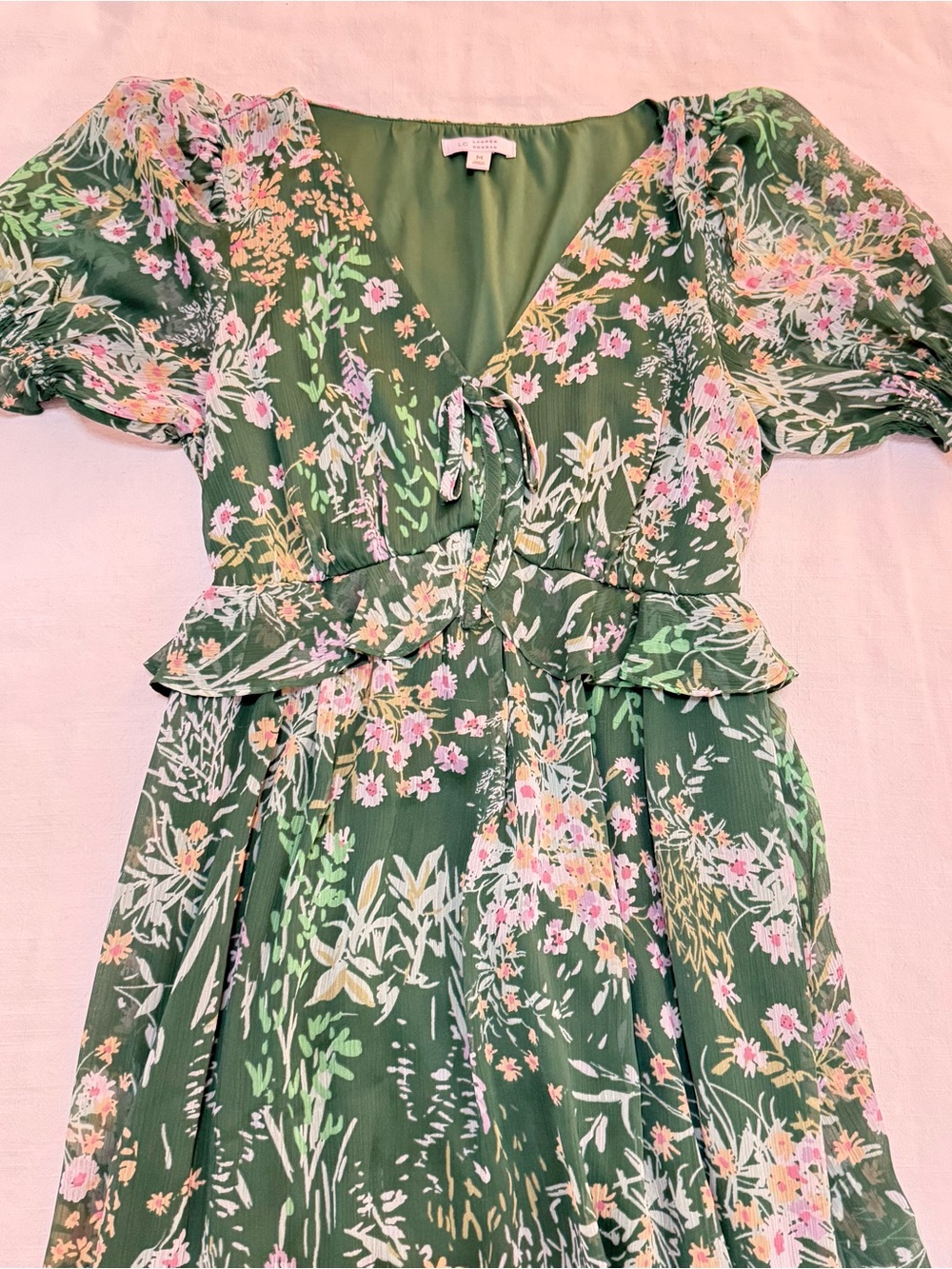 LC Lauren Conrad Green Floral Tie-Front Ruffle Dress
